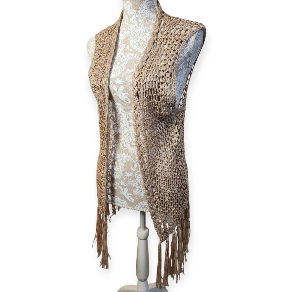 Kori America Tan Open Crochet Knit Fringe Boho Western Cardigan/Duster Size XL